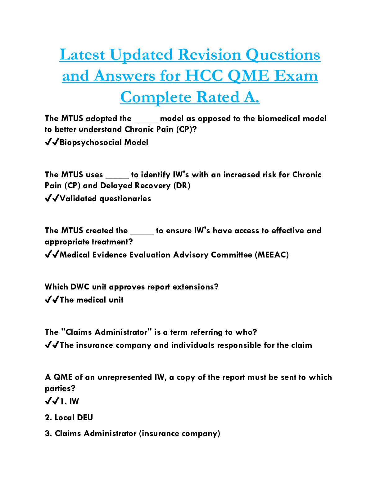 Latest Updated Revision Questions  and Answers for HCC QME Exam  Complete Rated A.