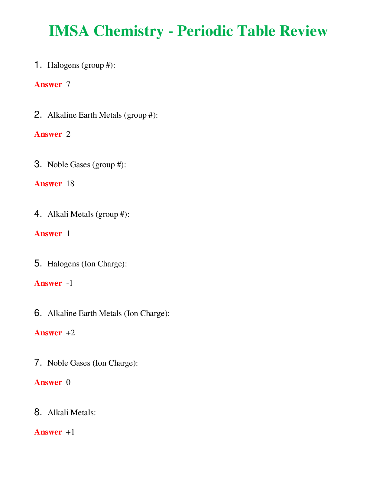   IMSA Chemistry - Periodic Table Review | Actual Questions and Verified Answers ( Included ) 100% Correct