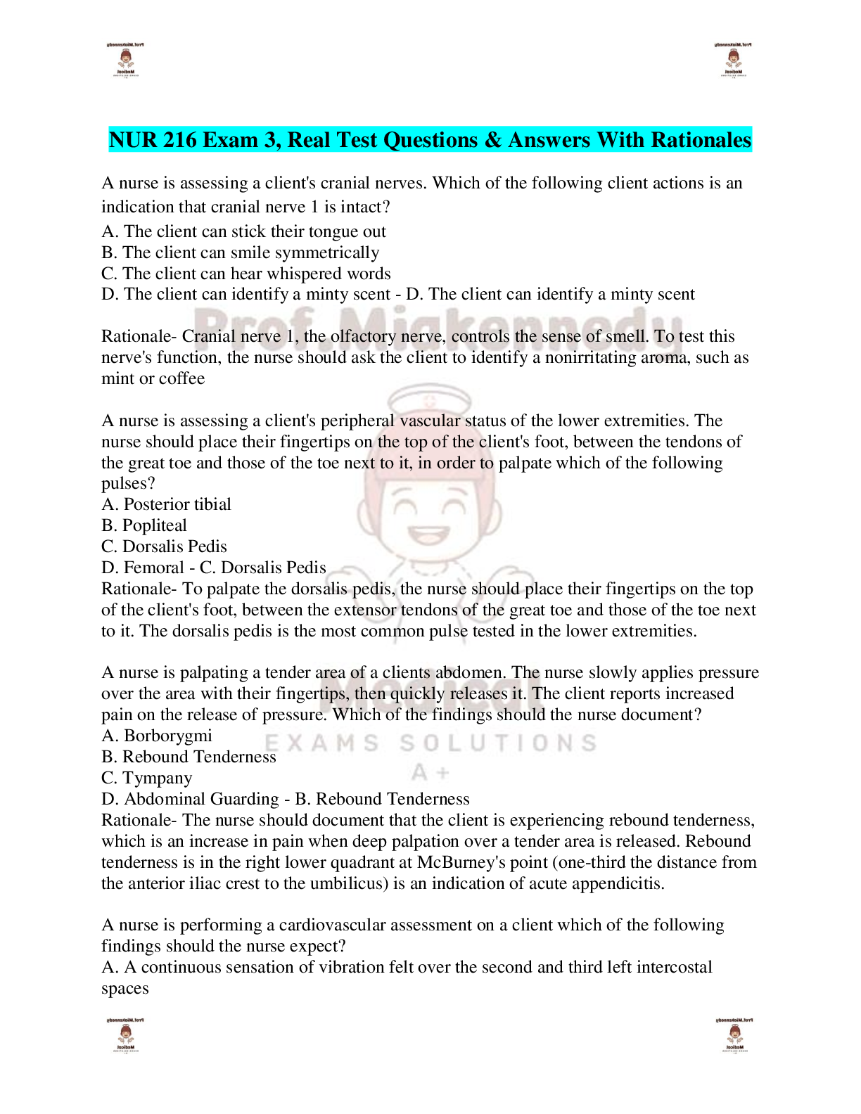 Preview image for NUR 216 Exam 3, Real Test Questions & Answers With Rationales