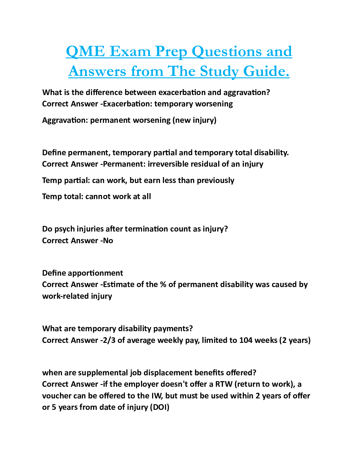 QME Exam Prep Questions and  Answers from The Study Guide.