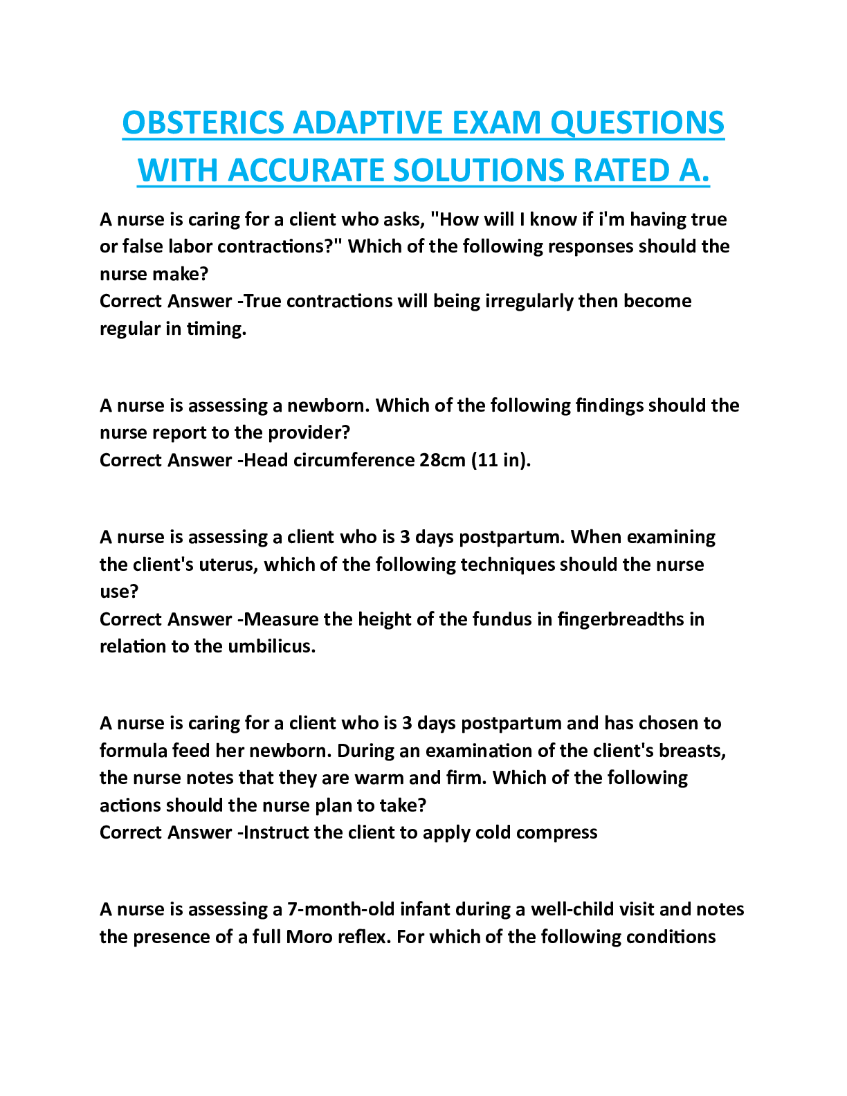 OBSTERICS ADAPTIVE EXAM QUESTIONS  WITH ACCURATE SOLUTIONS RATED A.