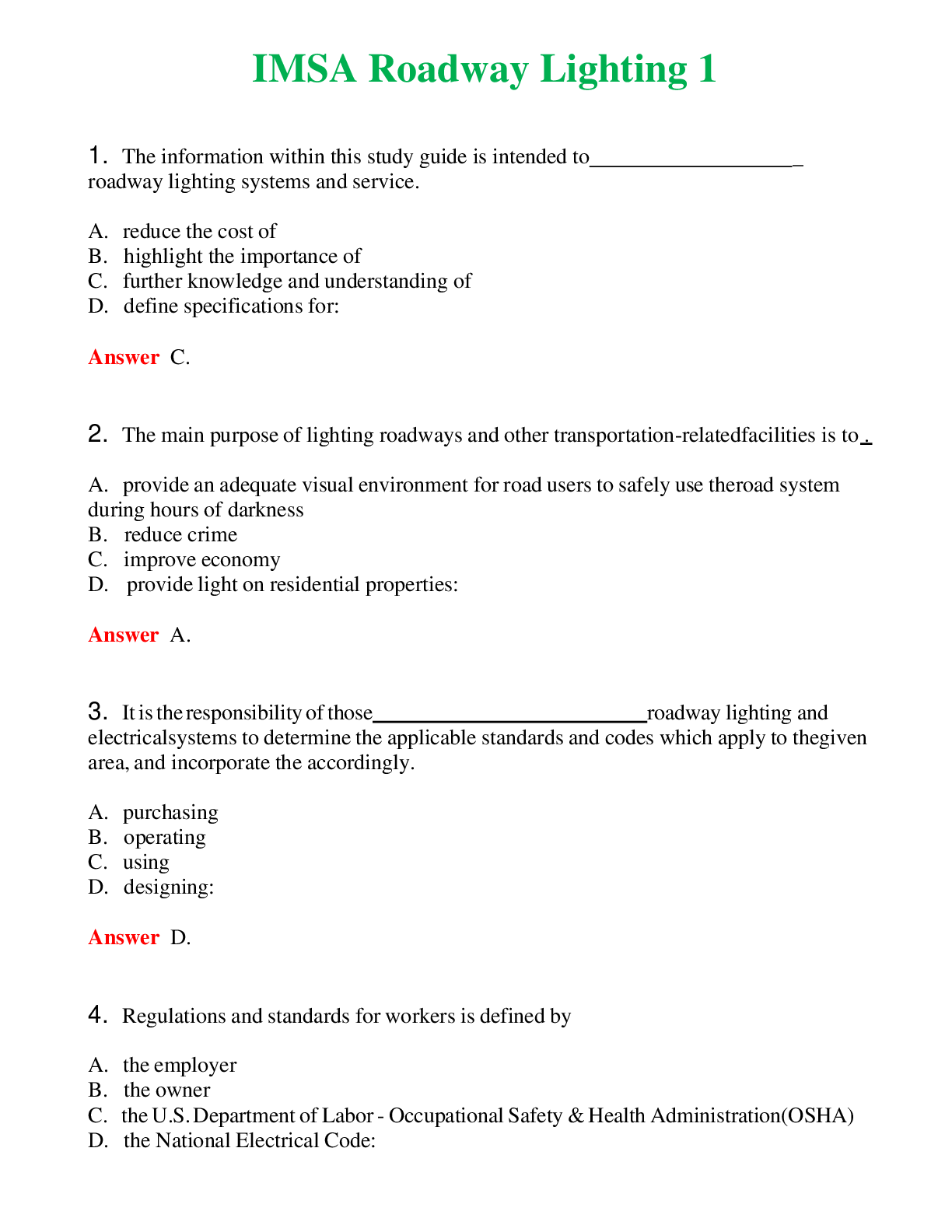   IMSA Roadway Lighting 1 | Actual Questions and Verified Answers ( Included ) 100% Correct