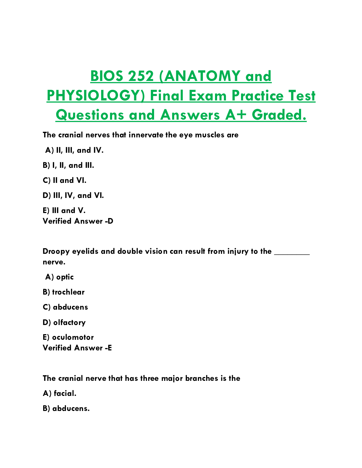 BIOS 252 (ANATOMY and  PHYSIOLOGY) Final Exam Practice Test  Questions and Answers A+ Graded Chamberlain College