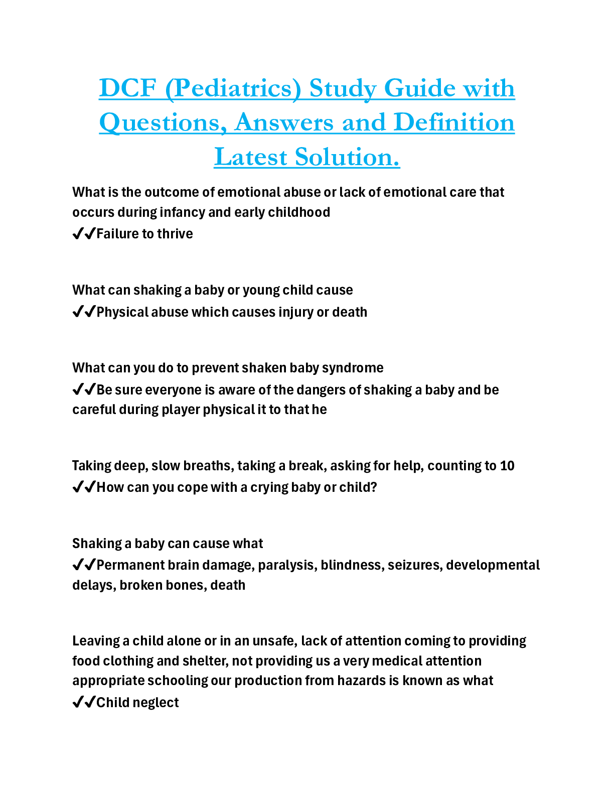 DCF (Pediatrics) Study Guide with Questions, Answers and Definition ...