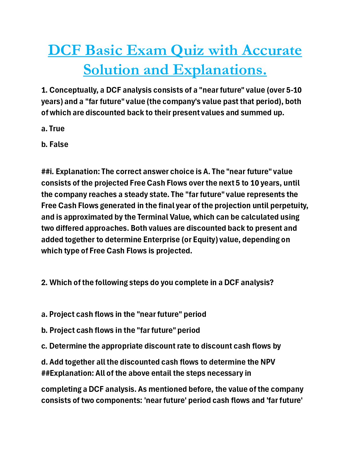 Preview of DCF Basic Exam Quiz with Accurate  Solution and Explanations.
