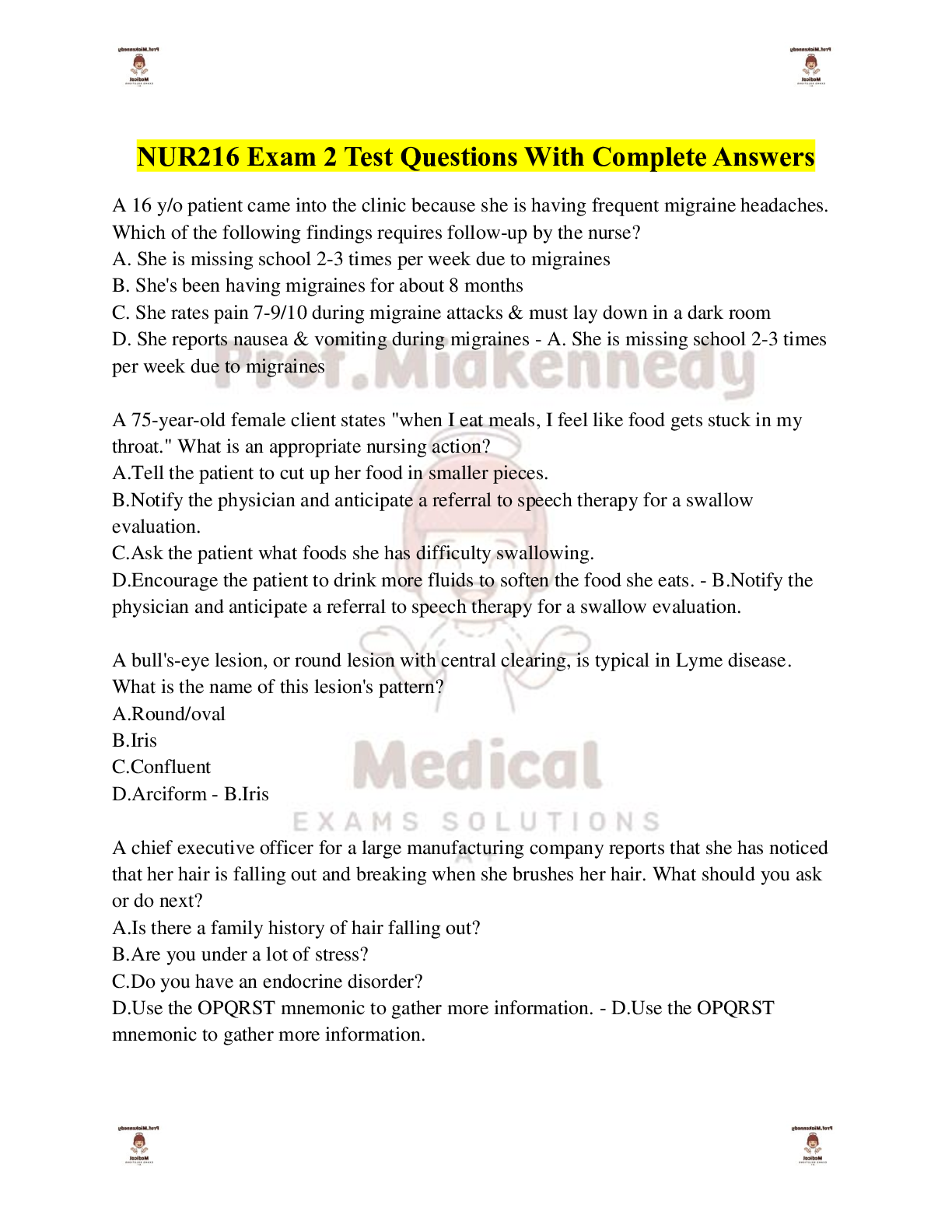 Preview of NUR216 Exam 2 Test Questions With Complete Answers