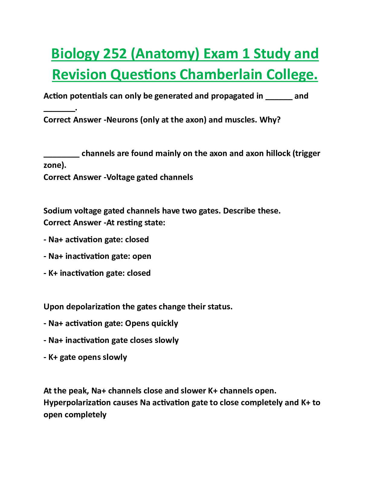 Biology 252 (Anatomy) Exam 1 Study and  Revision Questions Chamberlain College.