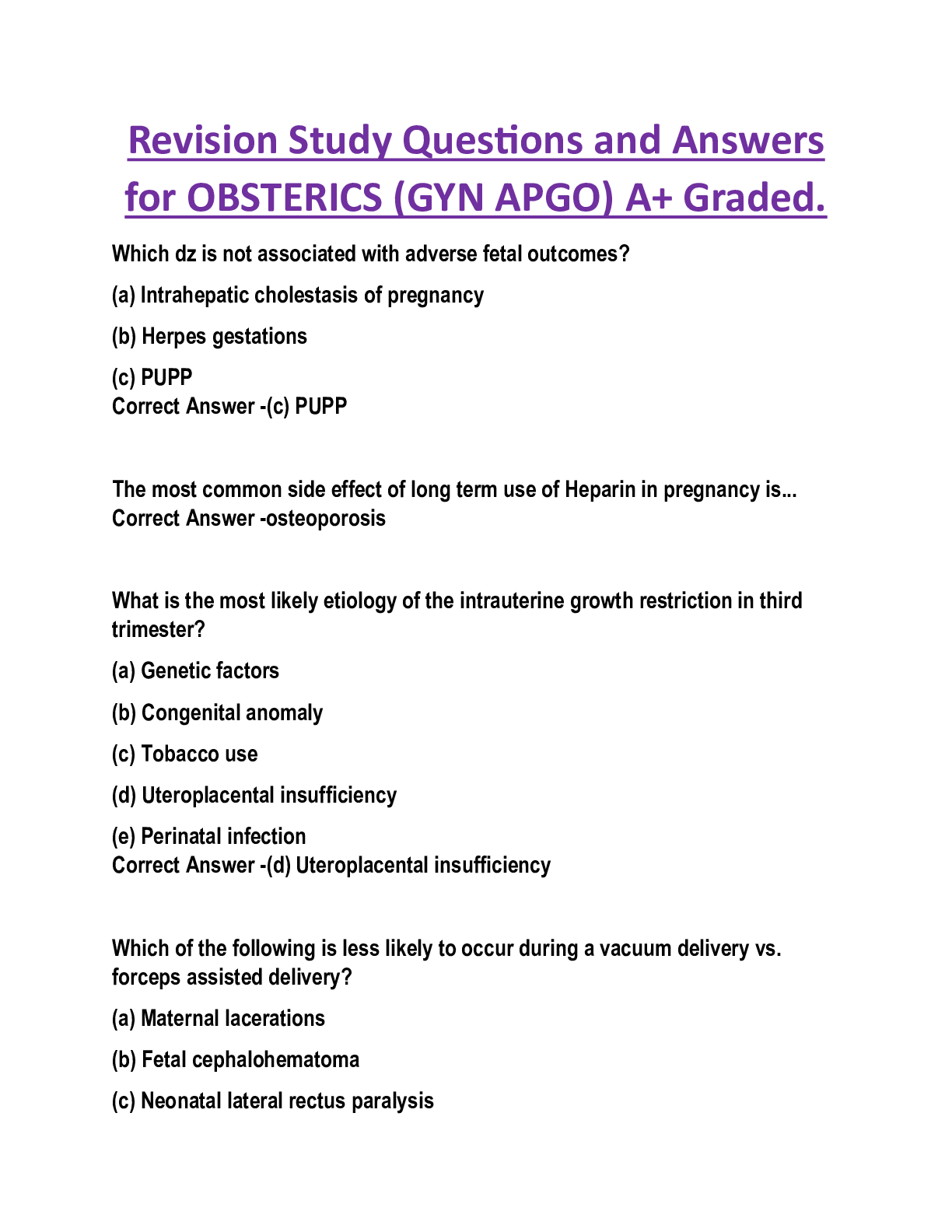 Revision Study Questions and Answers  for OBSTERICS (GYN APGO) A+ Graded.