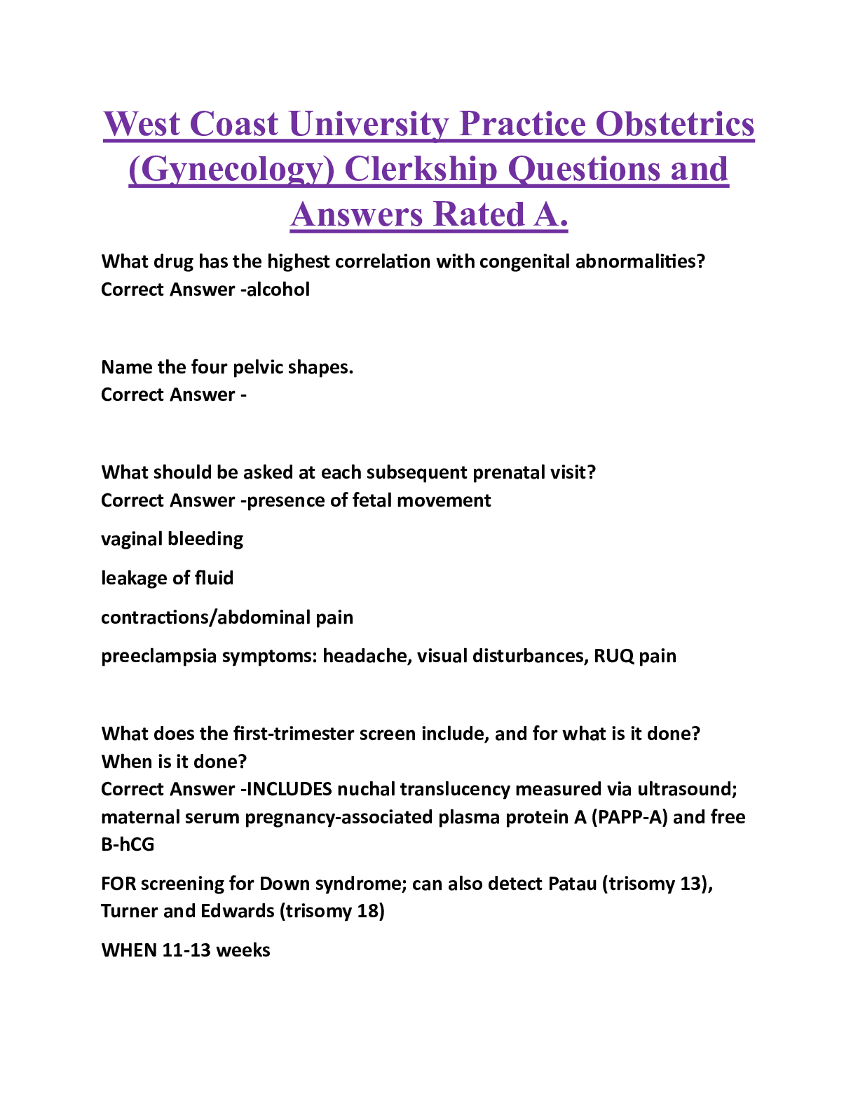 West Coast University Practice Obstetrics (Gynecology) Clerkship Questions and Answers Rated A.