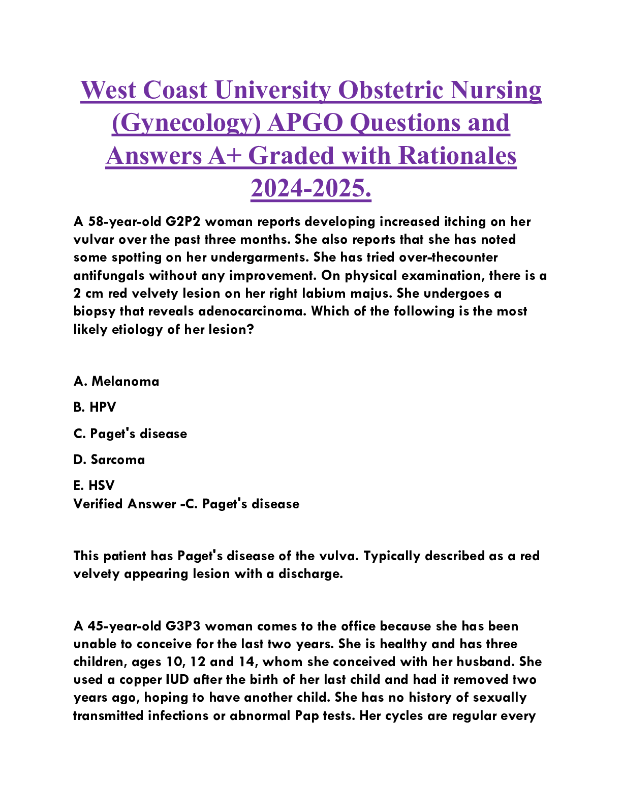 West Coast University Obstetric Nursing (Gynecology) APGO Questions and  Answers A+ Graded with Rationales  2024-2025