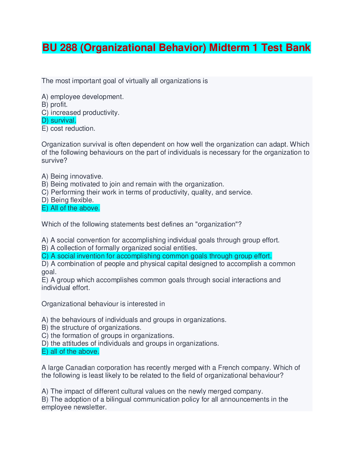 BU 288 (Organizational Behavior) Midterm 1 Test Bank | Complete Solutions (Answered)