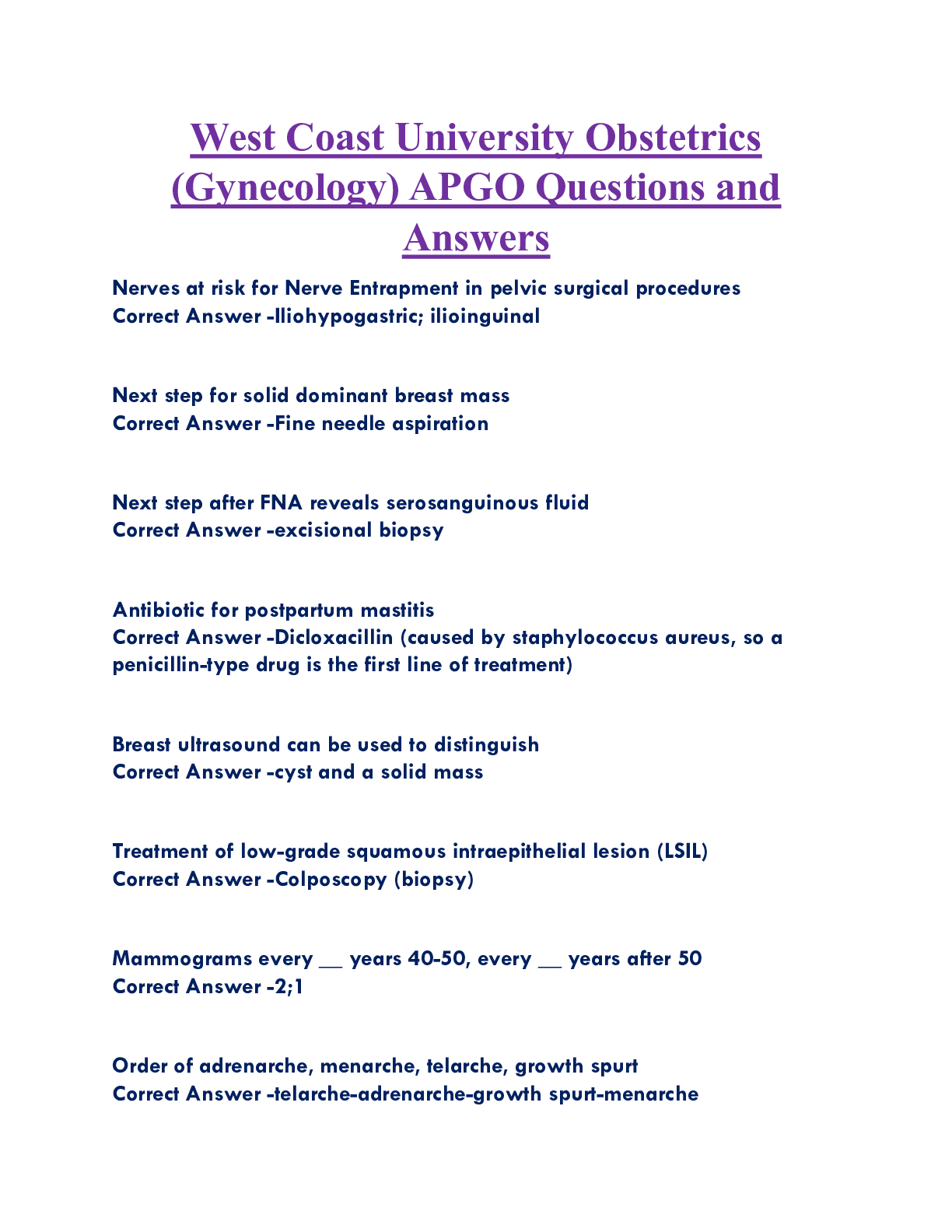 West Coast University Obstetrics (Gynecology) APGO Questions and  Answers