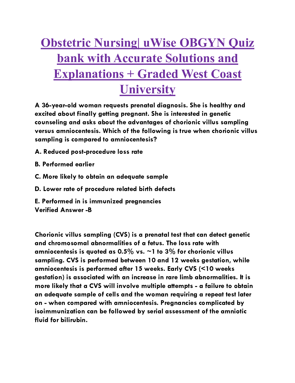 Obstetric Nursing| uWise OBGYN Quiz  bank with Accurate Solutions and  Explanations + Graded West Coast  University