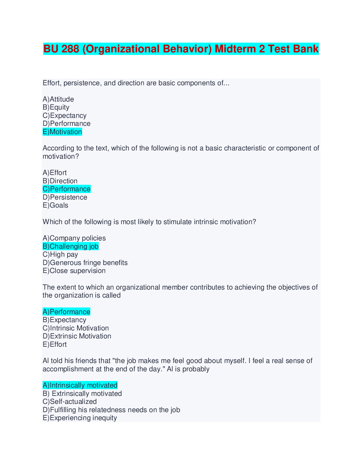 BU 288 (Organizational Behavior) Midterm 2 Test Bank | Complete Solutions (Answered)