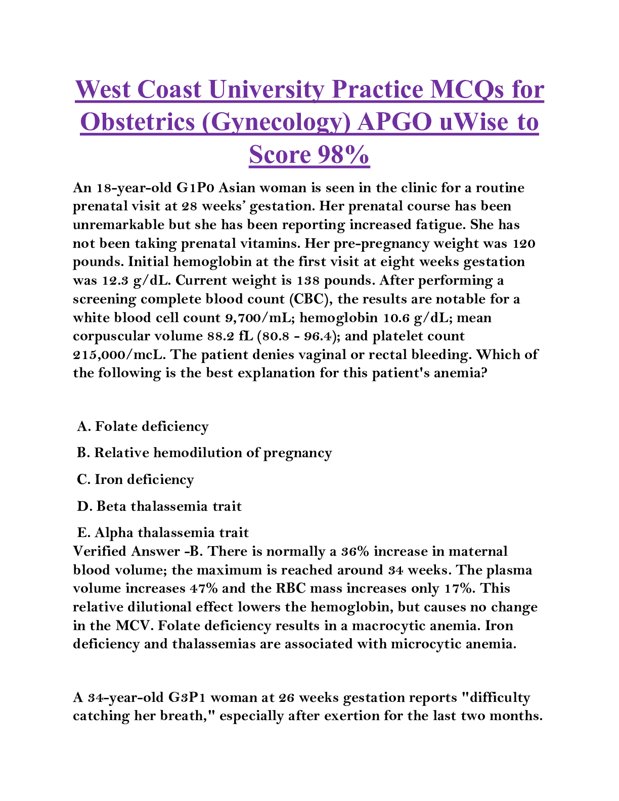 West Coast University Practice MCQs for  Obstetrics (Gynecology) APGO uWise to  Score 98%