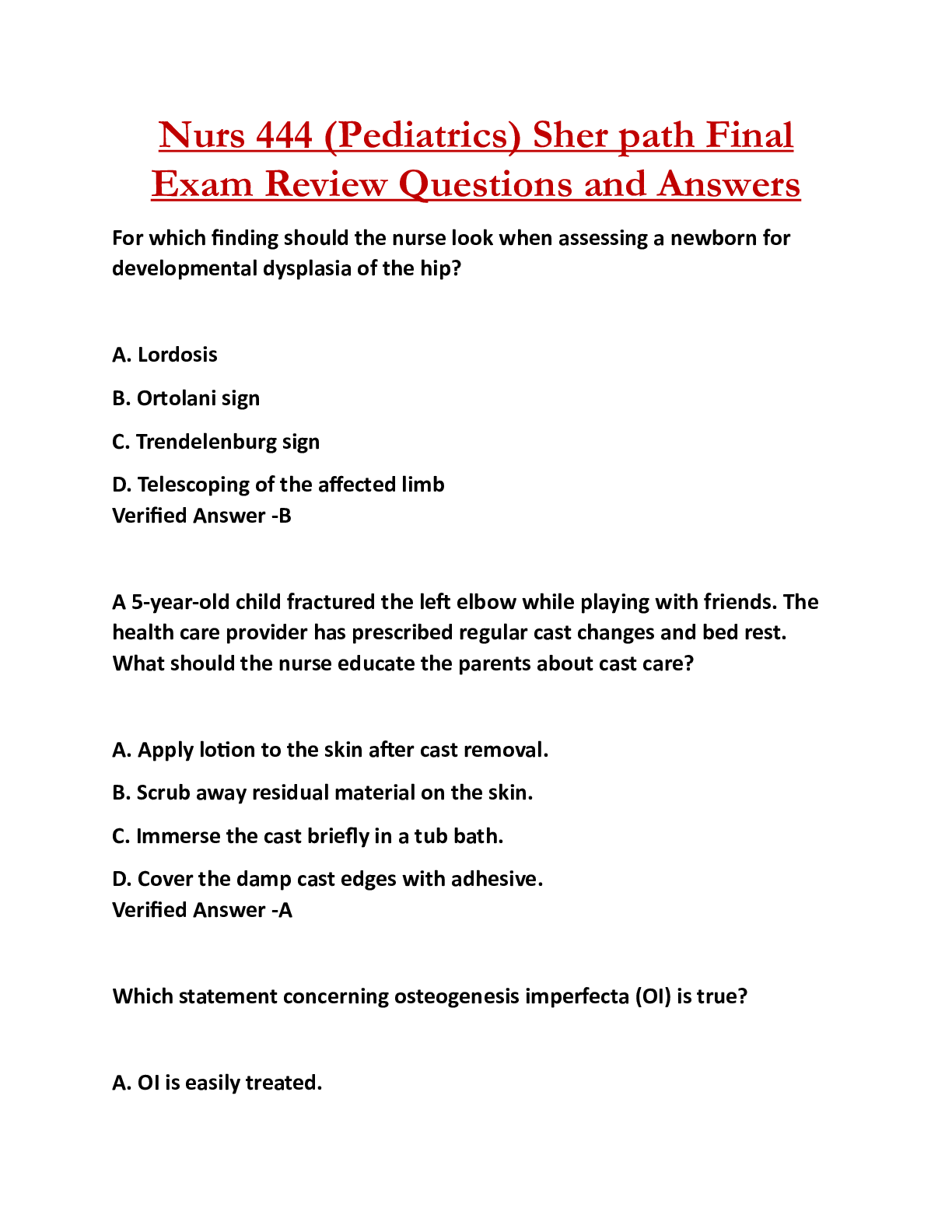 Nurs 444 (Pediatrics) Sher path Final  Exam Review Questions and Answers