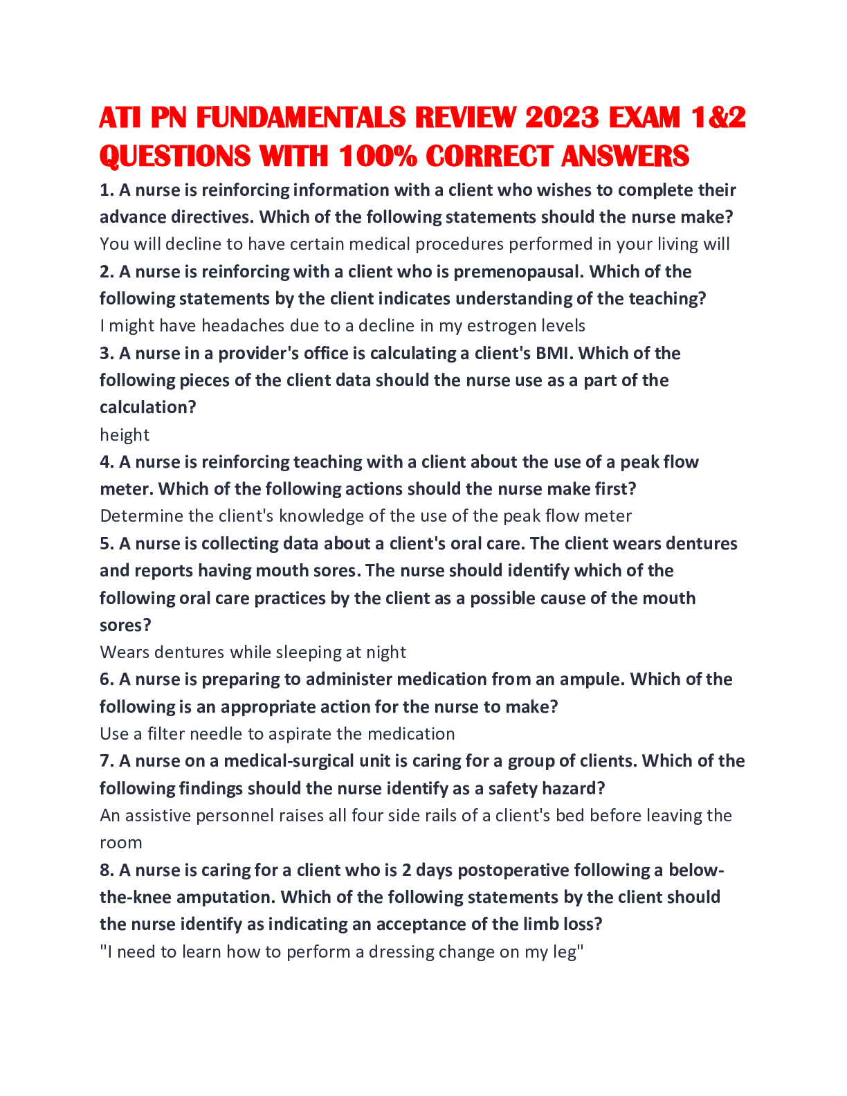 Preview of ATI PN FUNDAMENTALS REVIEW 2023 EXAM 1&amp;2 QUESTIONS WITH 100% CORRECT ANSWERS