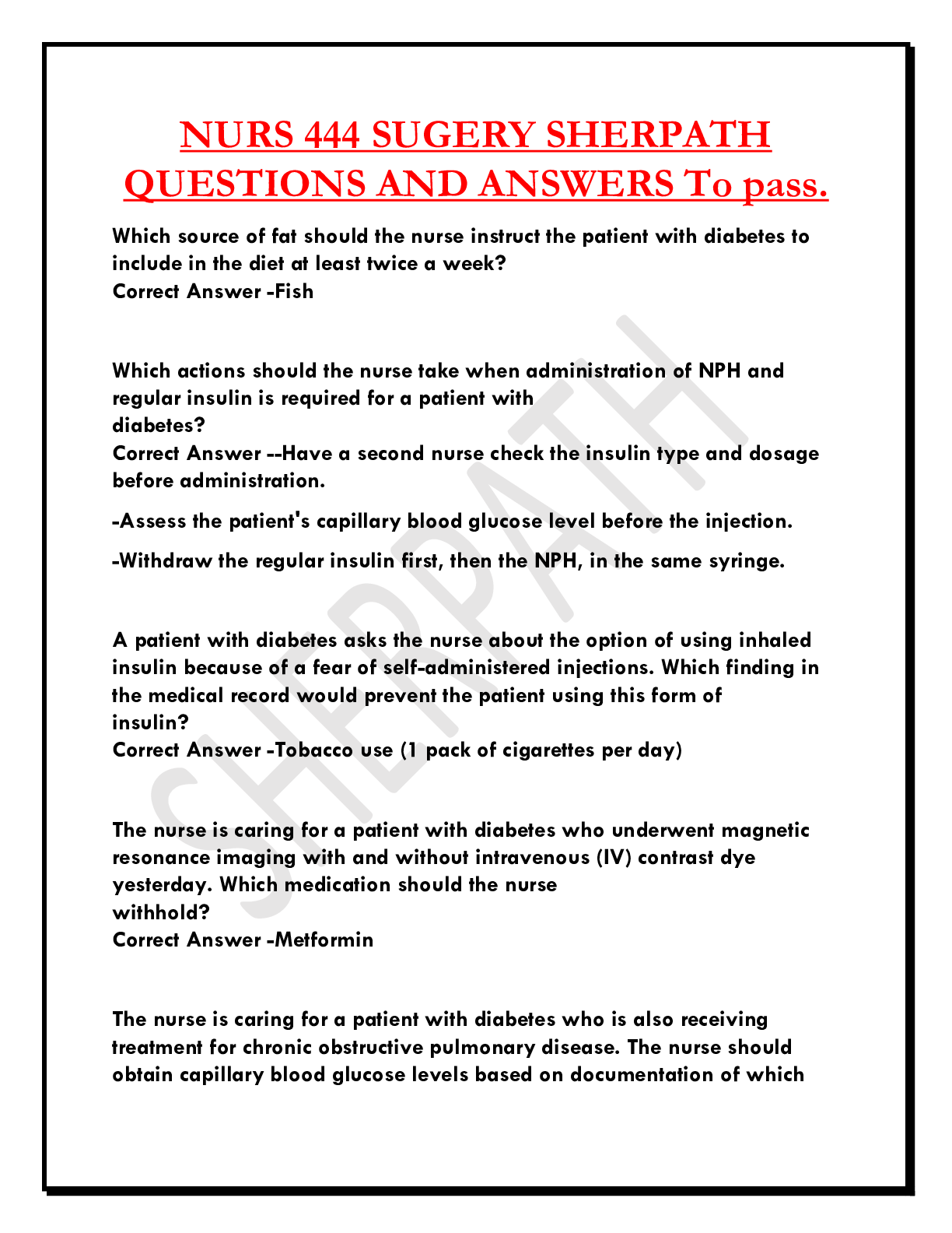 NURS 444 SUGERY SHERPATH  QUESTIONS AND ANSWERS To pass.