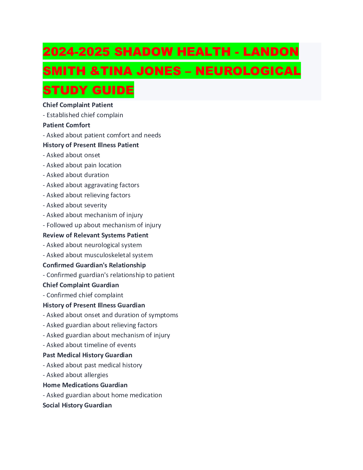 Preview of 2024-2025 SHADOW HEALTH - LANDON SMITH &amp;TINA JONES – NEUROLOGICAL STUDY GUIDE
