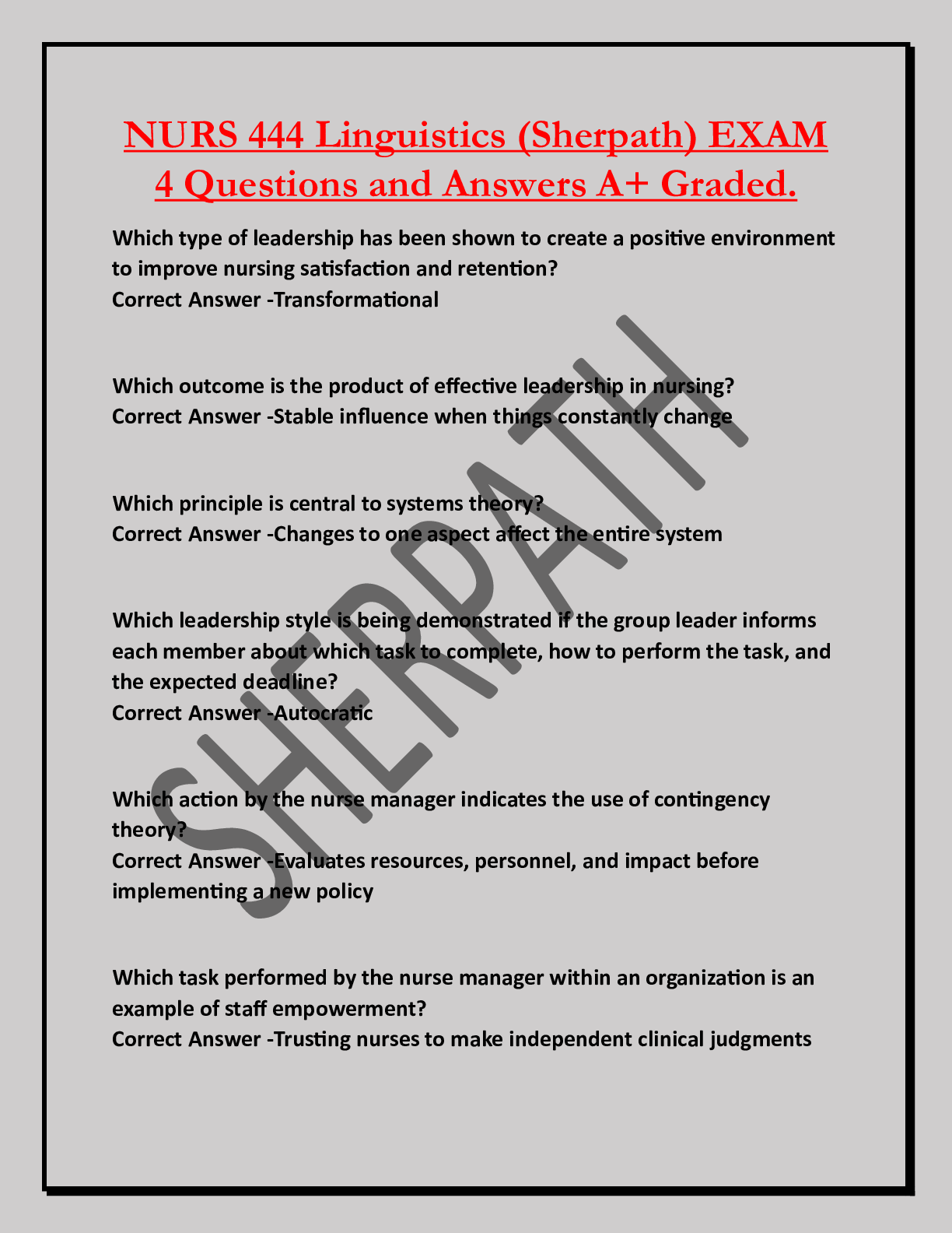 NURS 444 Linguistics (Sherpath) EXAM  4 Questions and Answers A+ Graded.