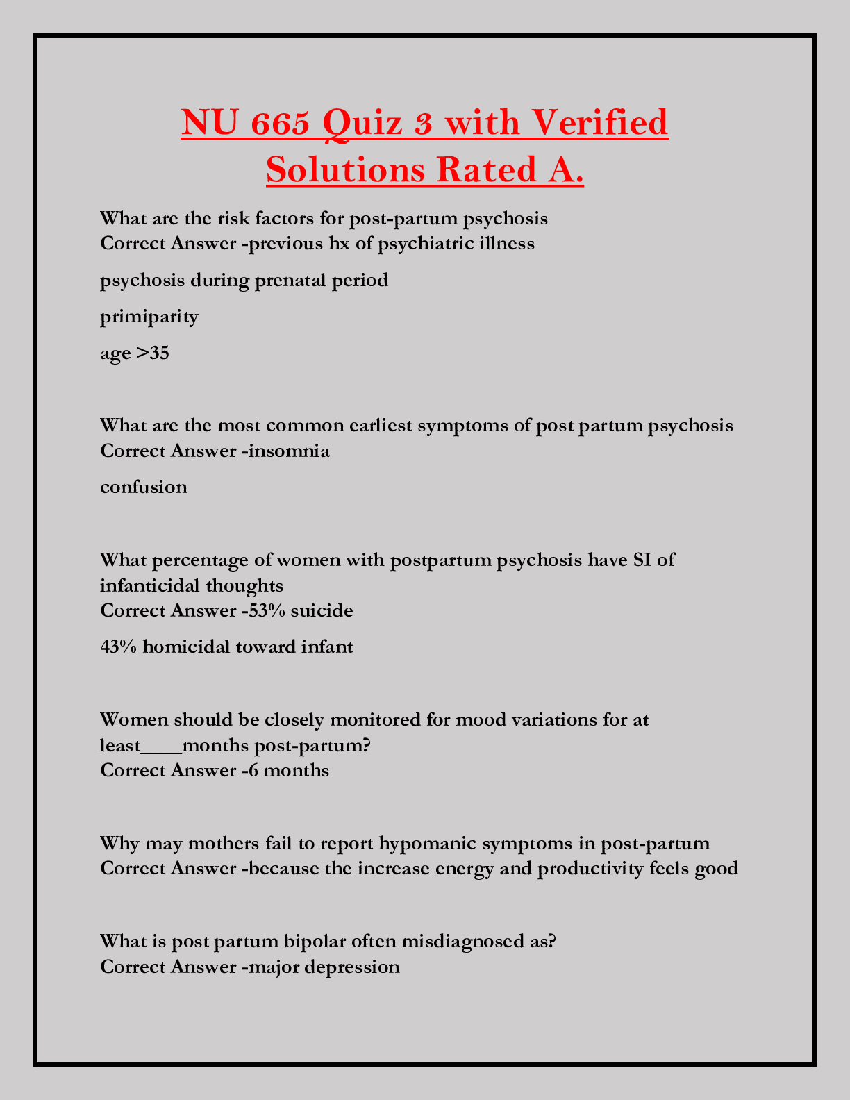 Recommended document preview for NU 665 Quiz 3 with Verified  Solutions Rated A.