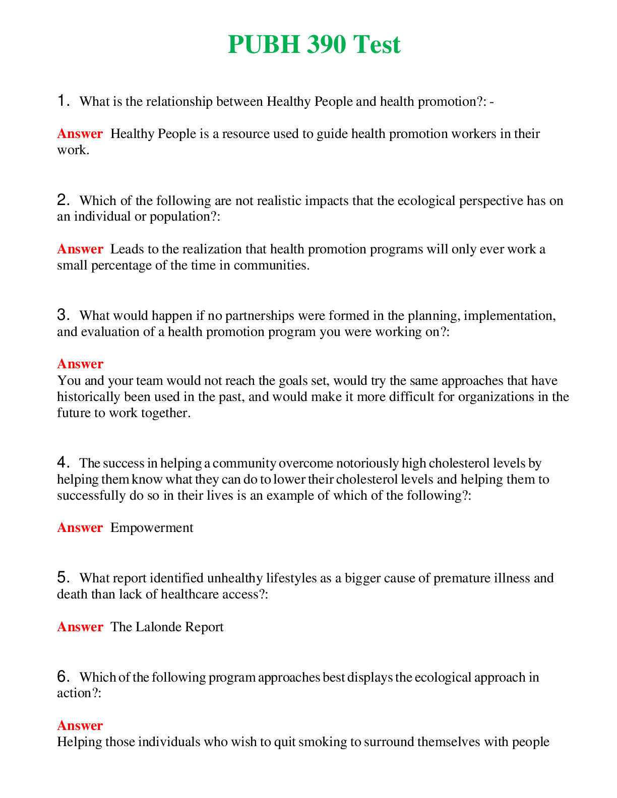   PUBH 390 Test | Actual Questions and Verified Answers ( Included ) 100% Correct
