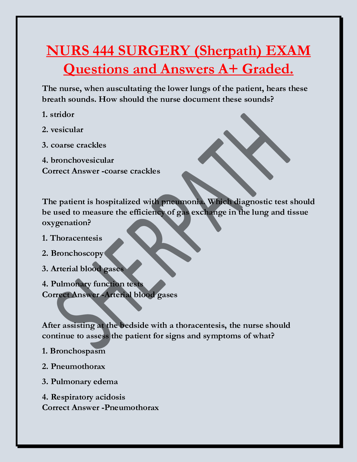 NURS 444 SURGERY (Sherpath) EXAM  Questions and Answers A+ Graded.