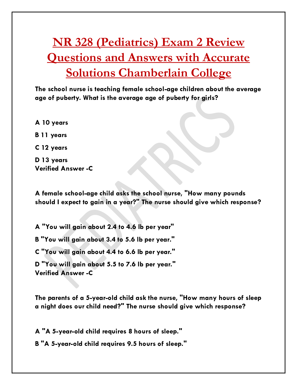 NR 328 (Pediatrics) Exam 2 Review Questions and Answers with Accurate Solutions Chamberlain College