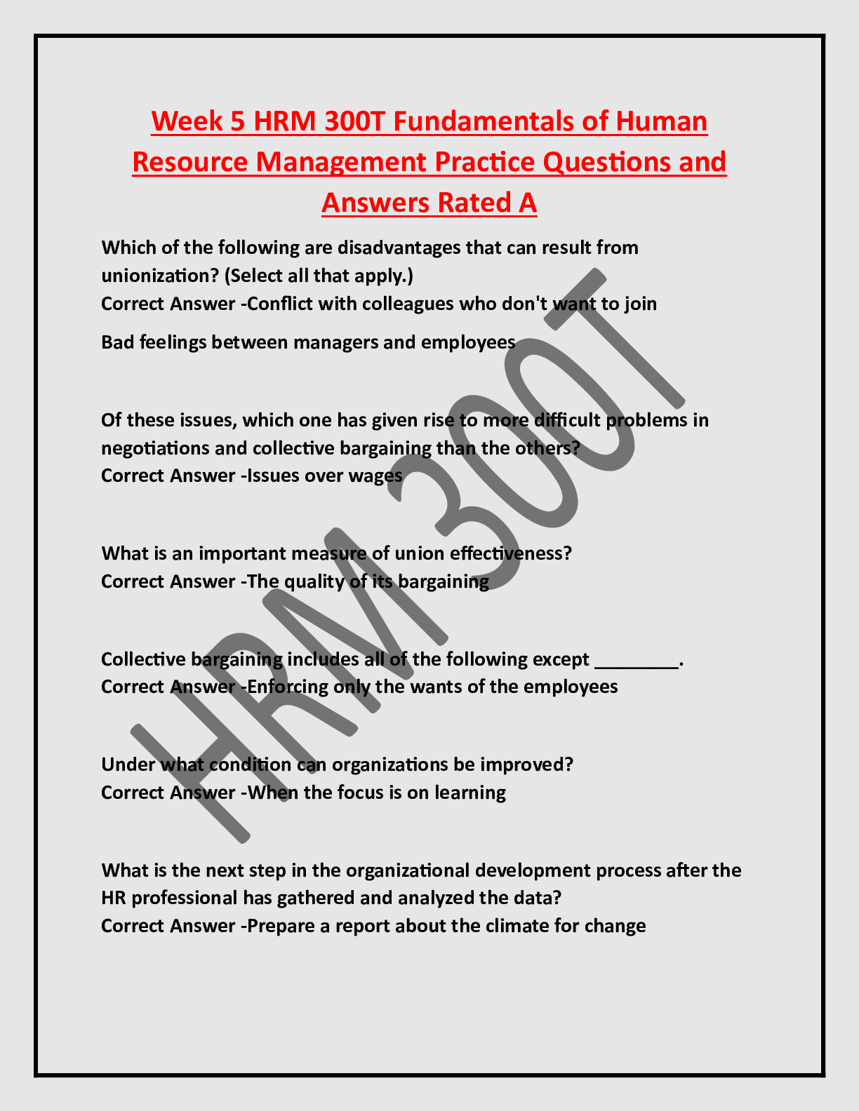 Week 5 HRM 300T Fundamentals of Human  Resource Management Practice Questions and  Answers Rated A
