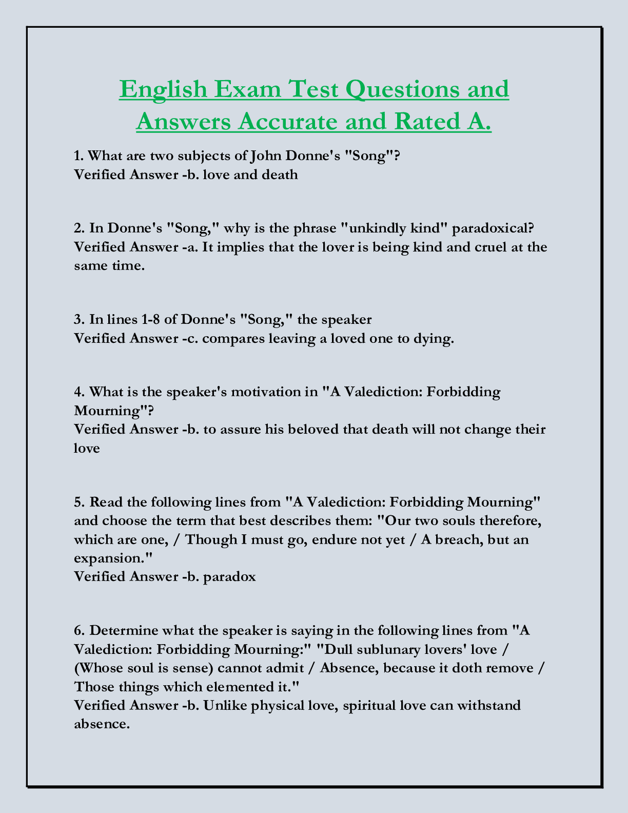 English Exam Test Questions and  Answers Accurate and Rated A