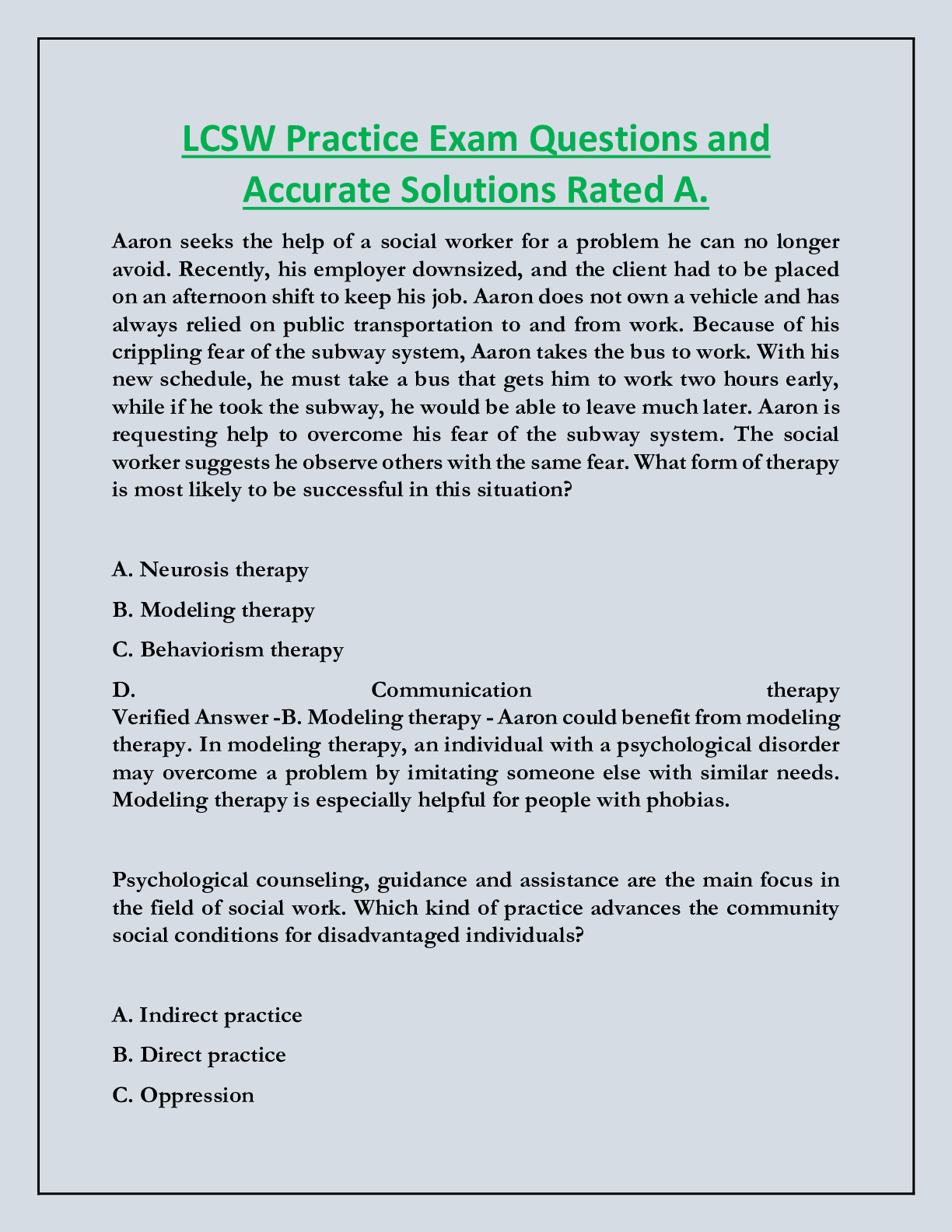 LCSW Practice Exam Questions and  Accurate Solutions Rated A.