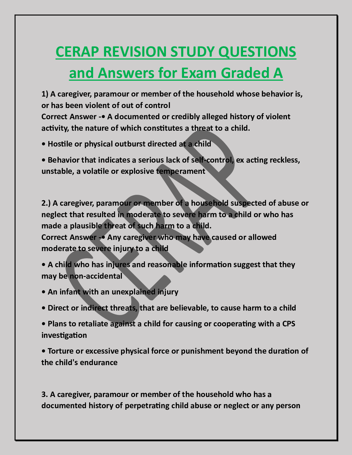 CERAP REVISION STUDY QUESTIONS  and Answers for Exam Graded A