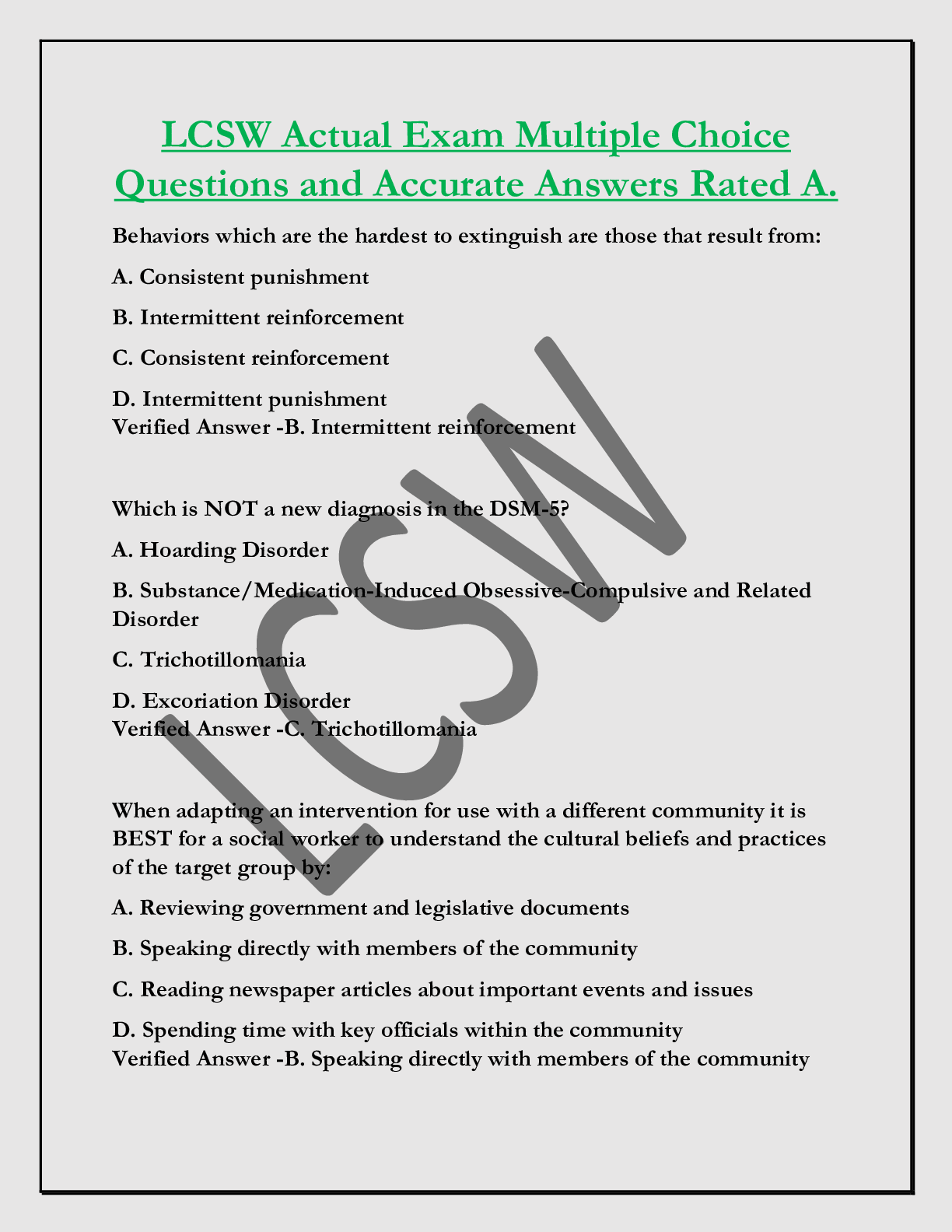 LCSW Actual Exam Multiple Choice  Questions and Accurate Answers Rated A.