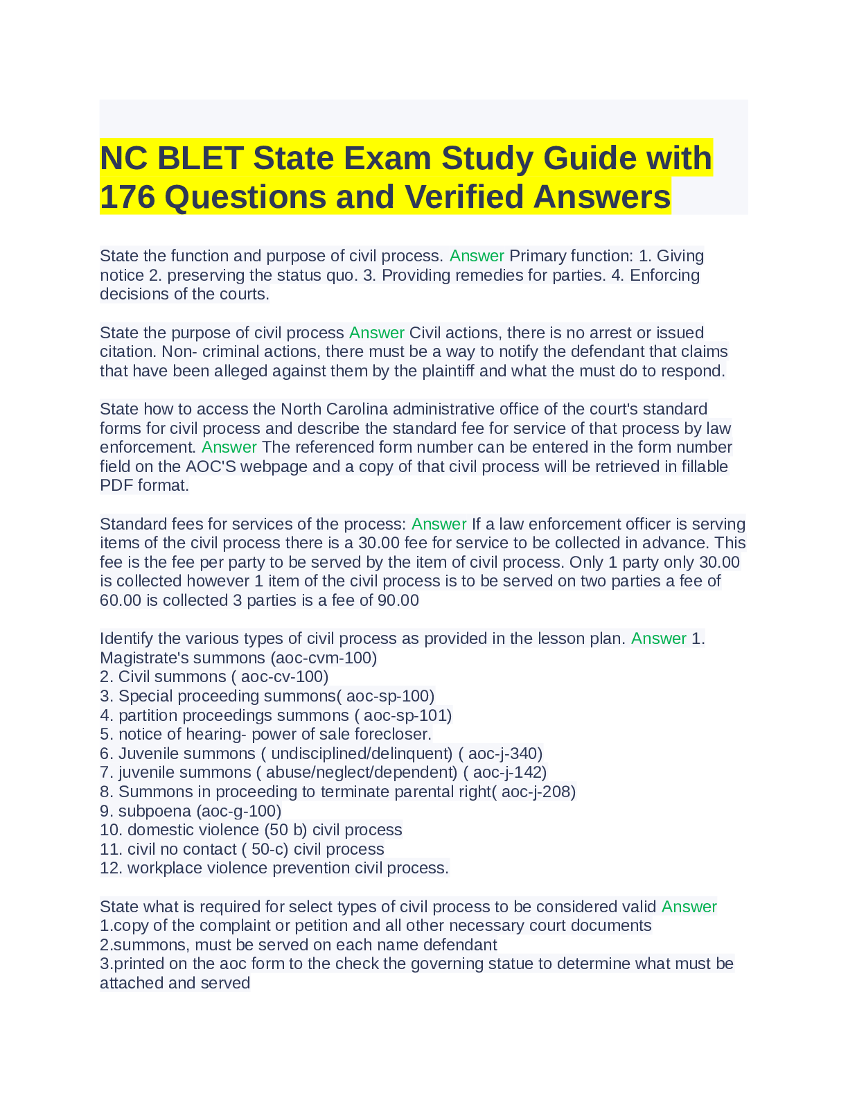 Preview image for NC BLET State Exam Study Guide with 176 Questions and Verified Answers