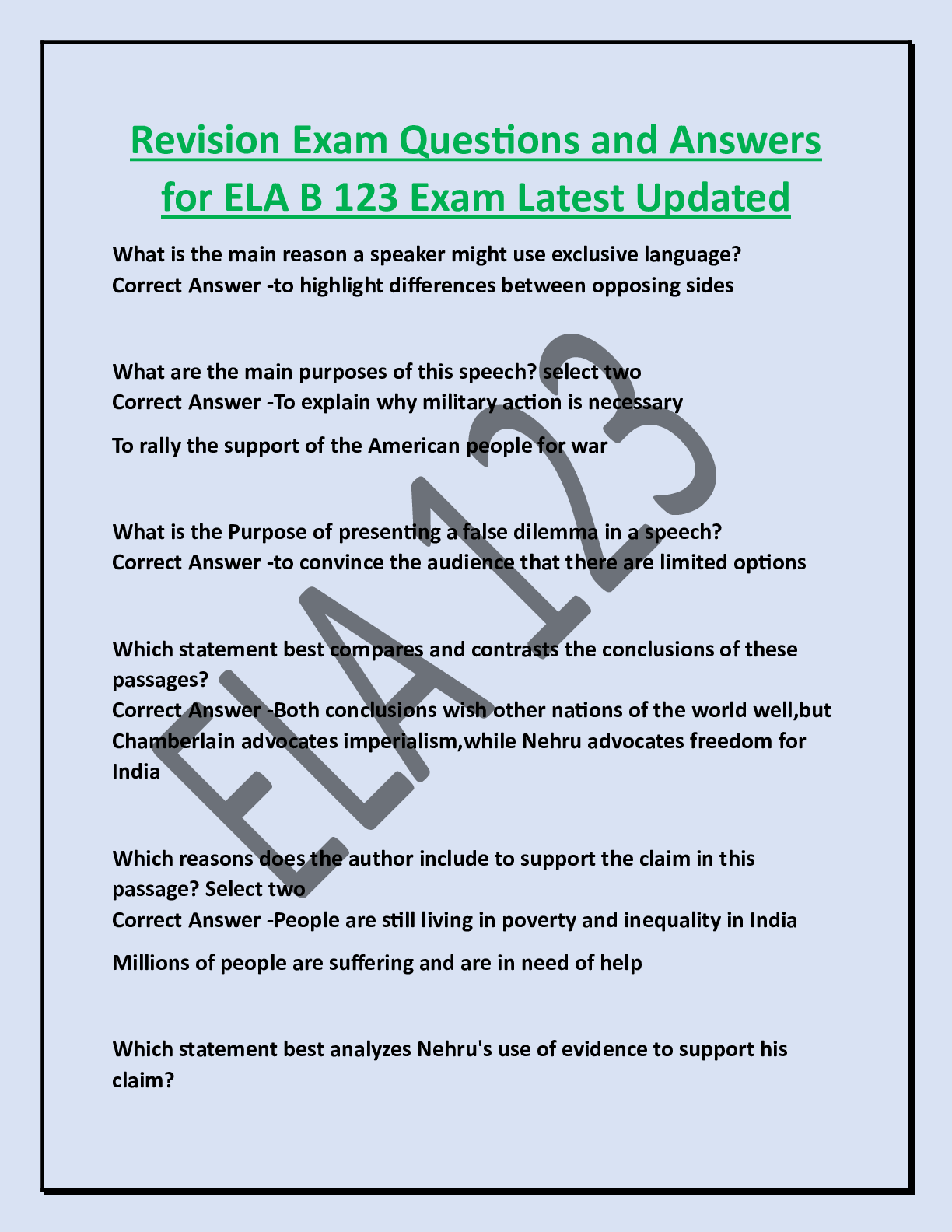 Preview of Revision Exam Questions and Answers for ELA B 123 Exam Latest Updated