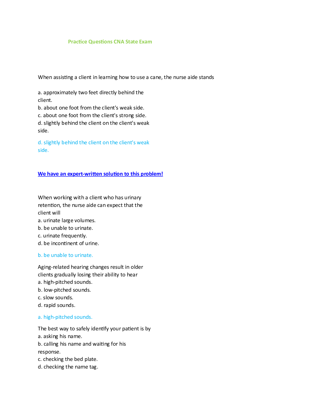 Practice Questions CNA State Exam questions and answers 100% complete solution 2024/2025