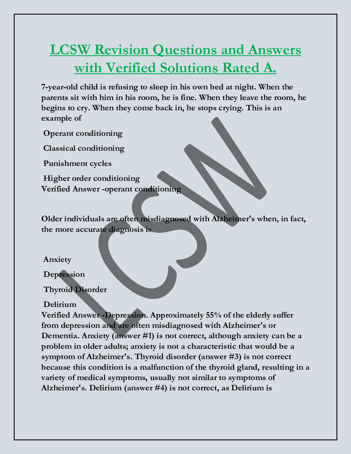 LCSW Revision Questions and Answers  with Verified Solutions Rated A.