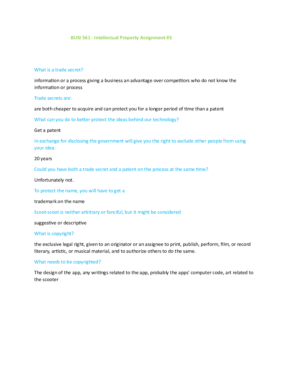 Preview of BUSI 561 - Intellectual Property Assignment #3  questions and answers complete solution 20