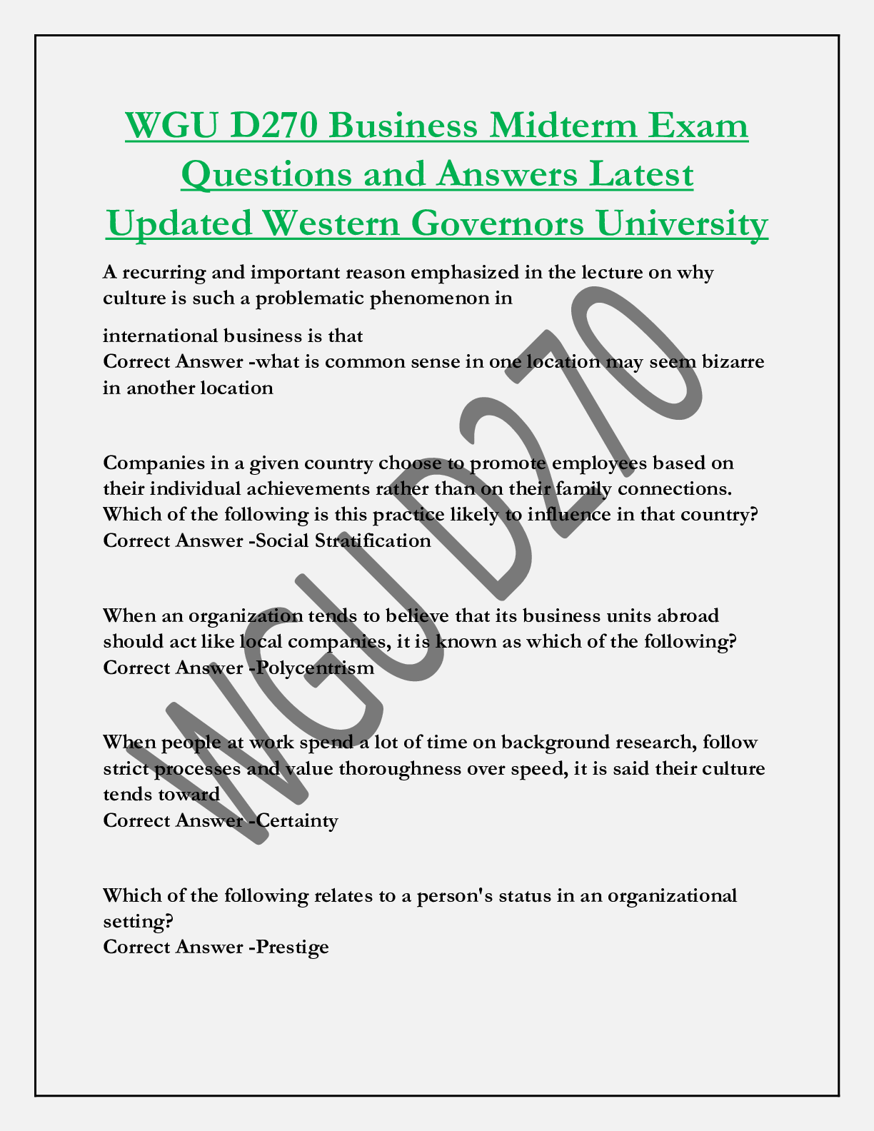 WGU D270 Business Midterm Exam  Questions and Answers Latest  Updated Western Governors University