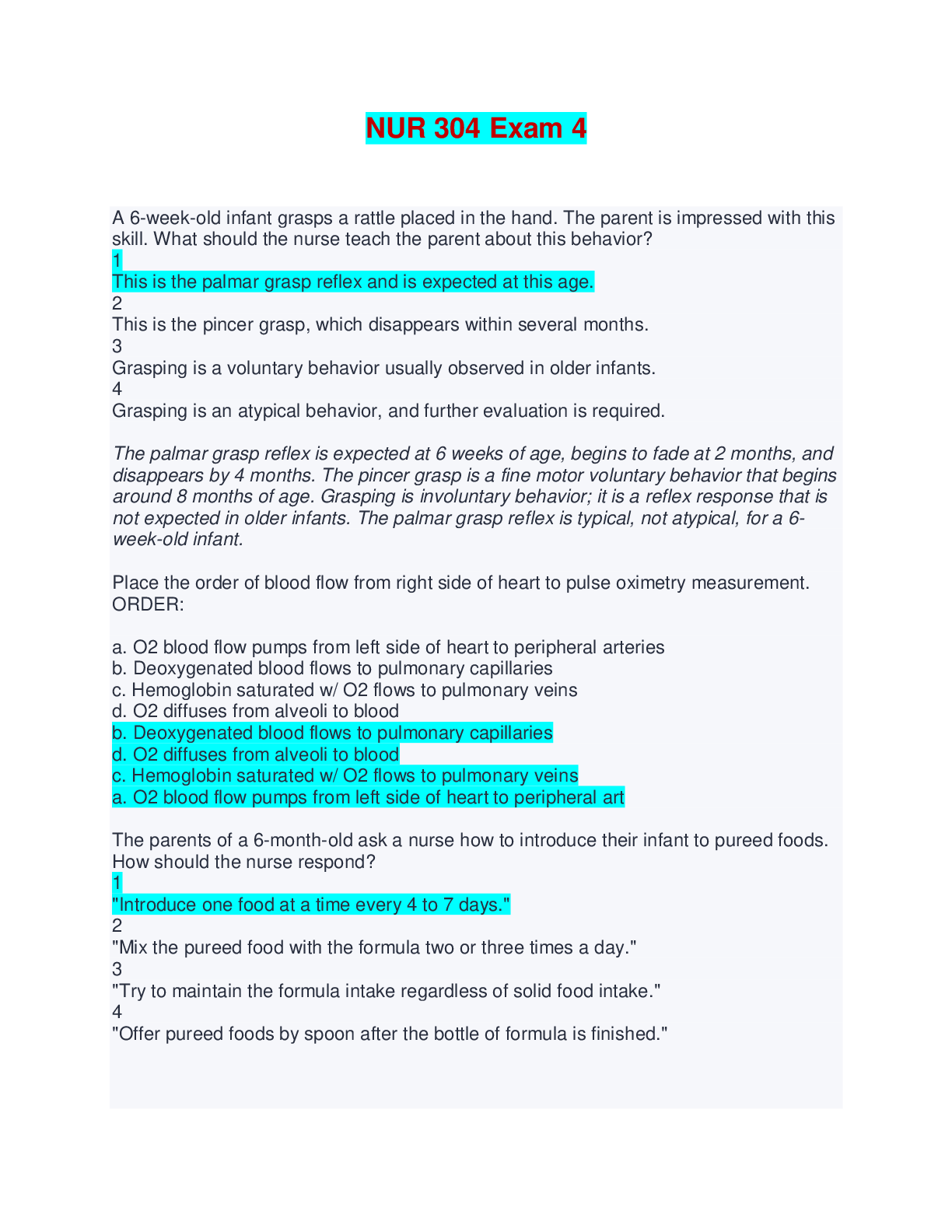 NUR 304 Exam 4 | Answered with Rationales (Complete Solutions)