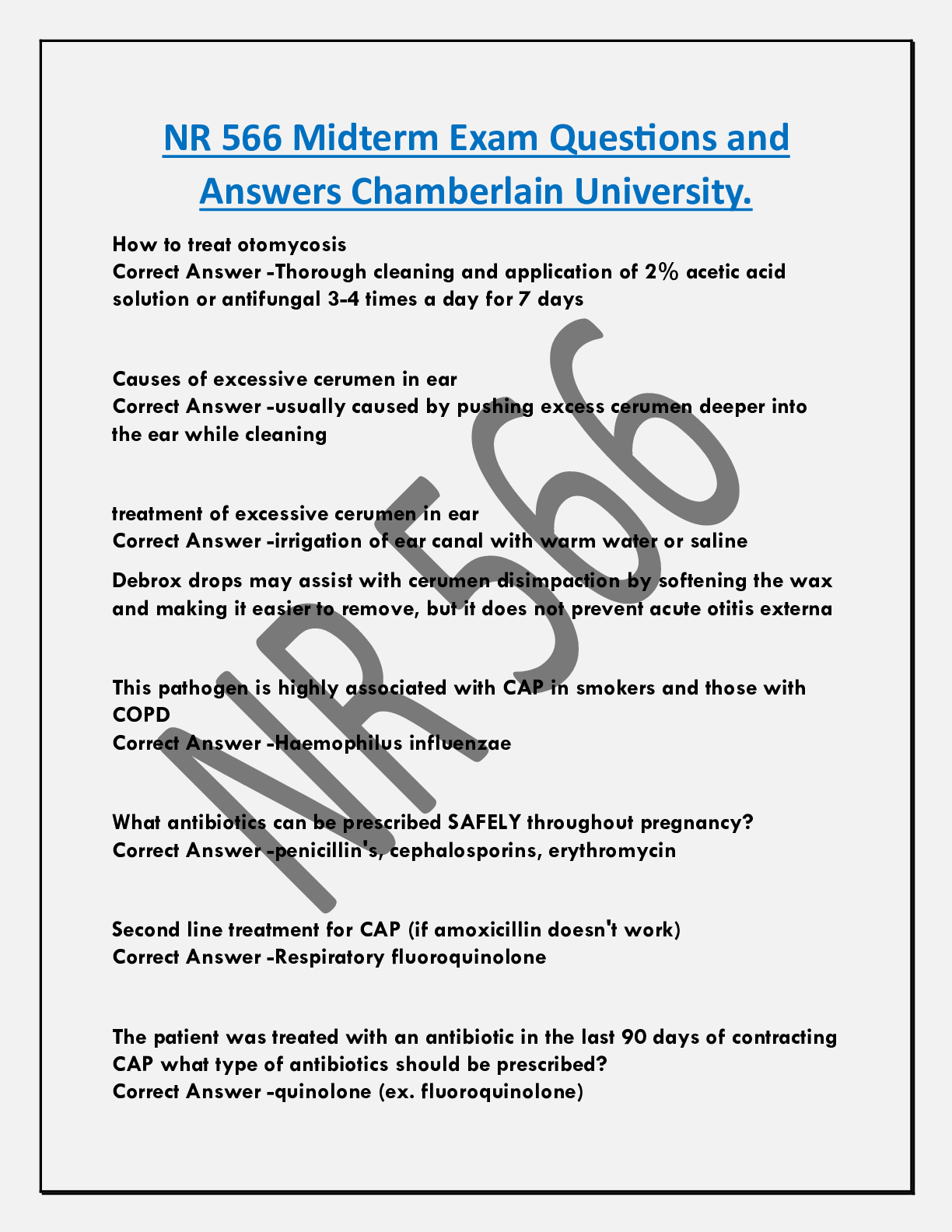 Preview of NR 566 Midterm Exam Questions and  Answers Chamberlain University.
