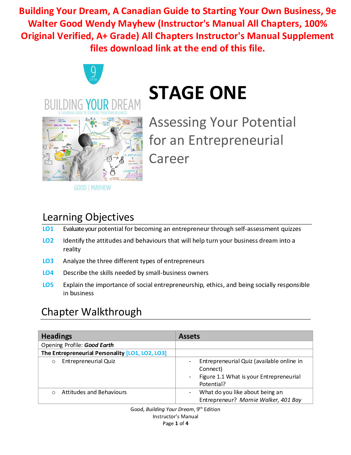 Preview image of Instructor's Manual For Building Your Dream, A Canadian Guide to Starting Your Own Business 9th Edition By Walter Good Wendy Mayhew (All Chapters, 100% Original Verified, A+ Grade) document