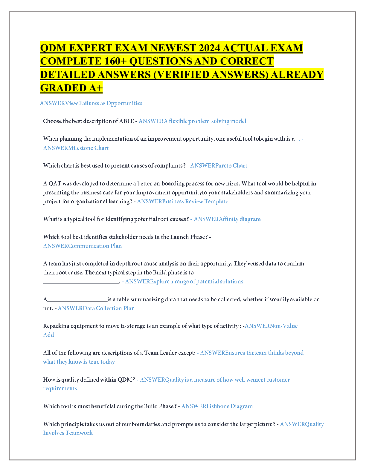 Preview of QDM EXPERT EXAM NEWEST 2024 ACTUAL EXAM COMPLETE 160+ QUESTIONS AND CORRECT DETAILED ANSWE