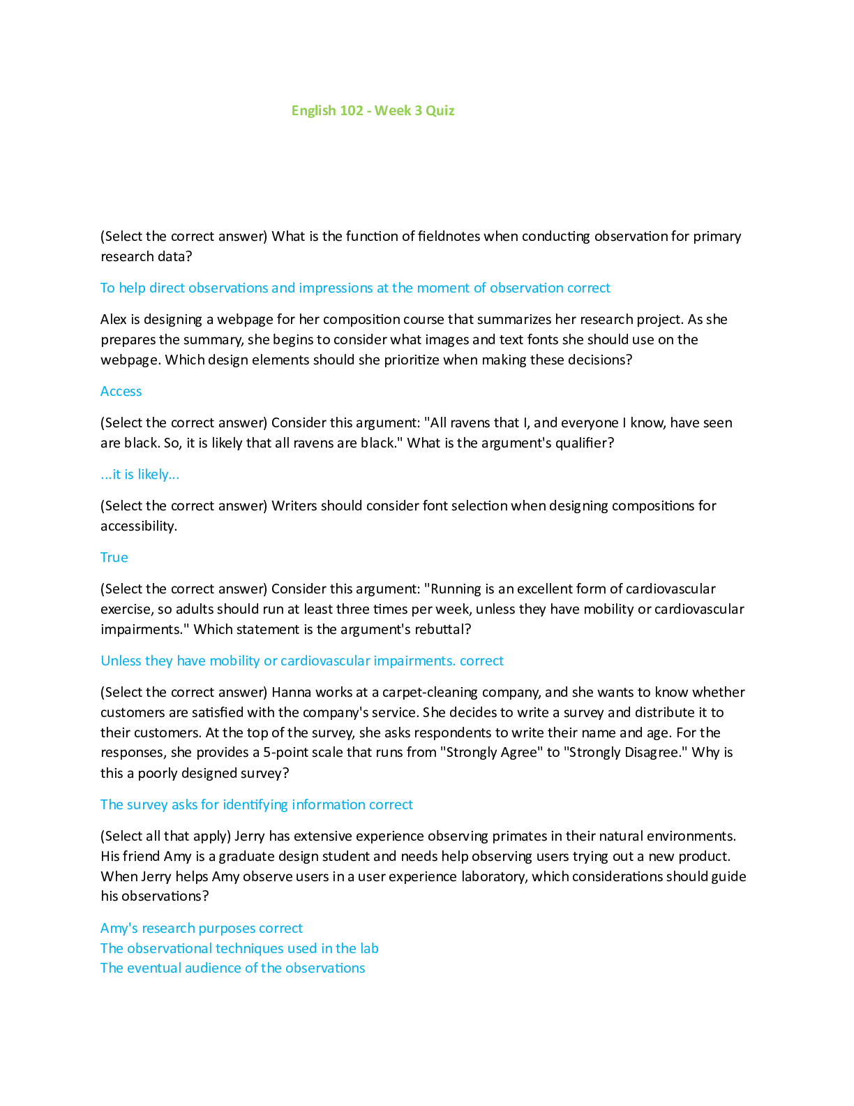 Preview of English 102 - Week 3 Quiz questions and answers Rated A+ complete solution 2024/2025
