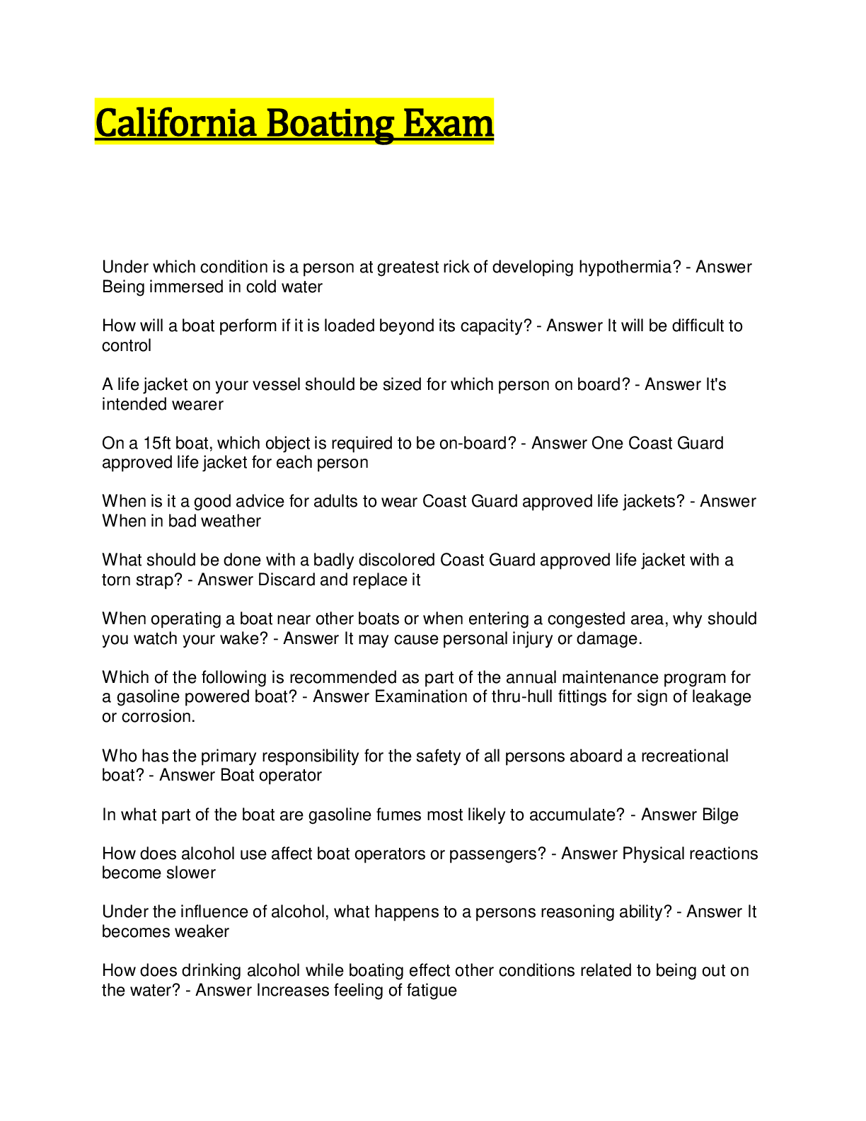 Preview image for California Boating Exam(Answered)2024/2025 updated.