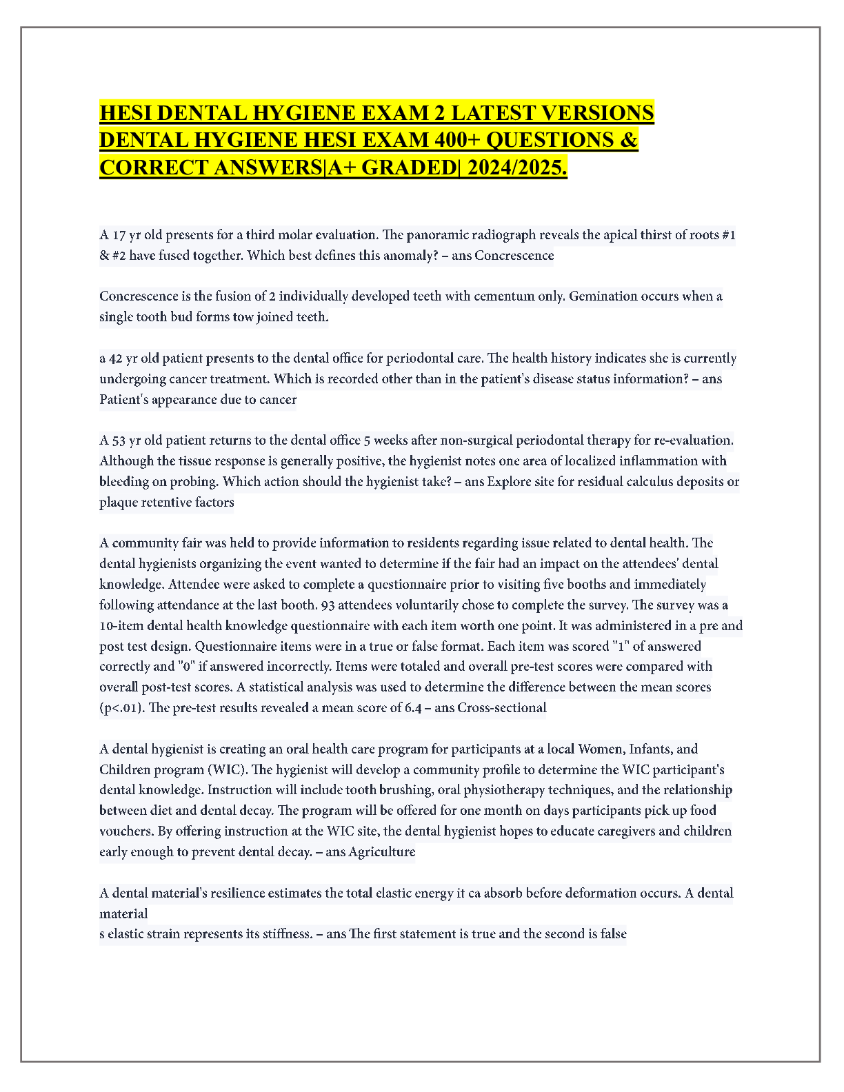 Preview of HESI DENTAL HYGIENE EXAM 2 LATEST VERSIONS DENTAL HYGIENE HESI EXAM 400+ QUESTIONS &amp; CORRECT ANSWERS|A+ GRADED| 2024/2025.