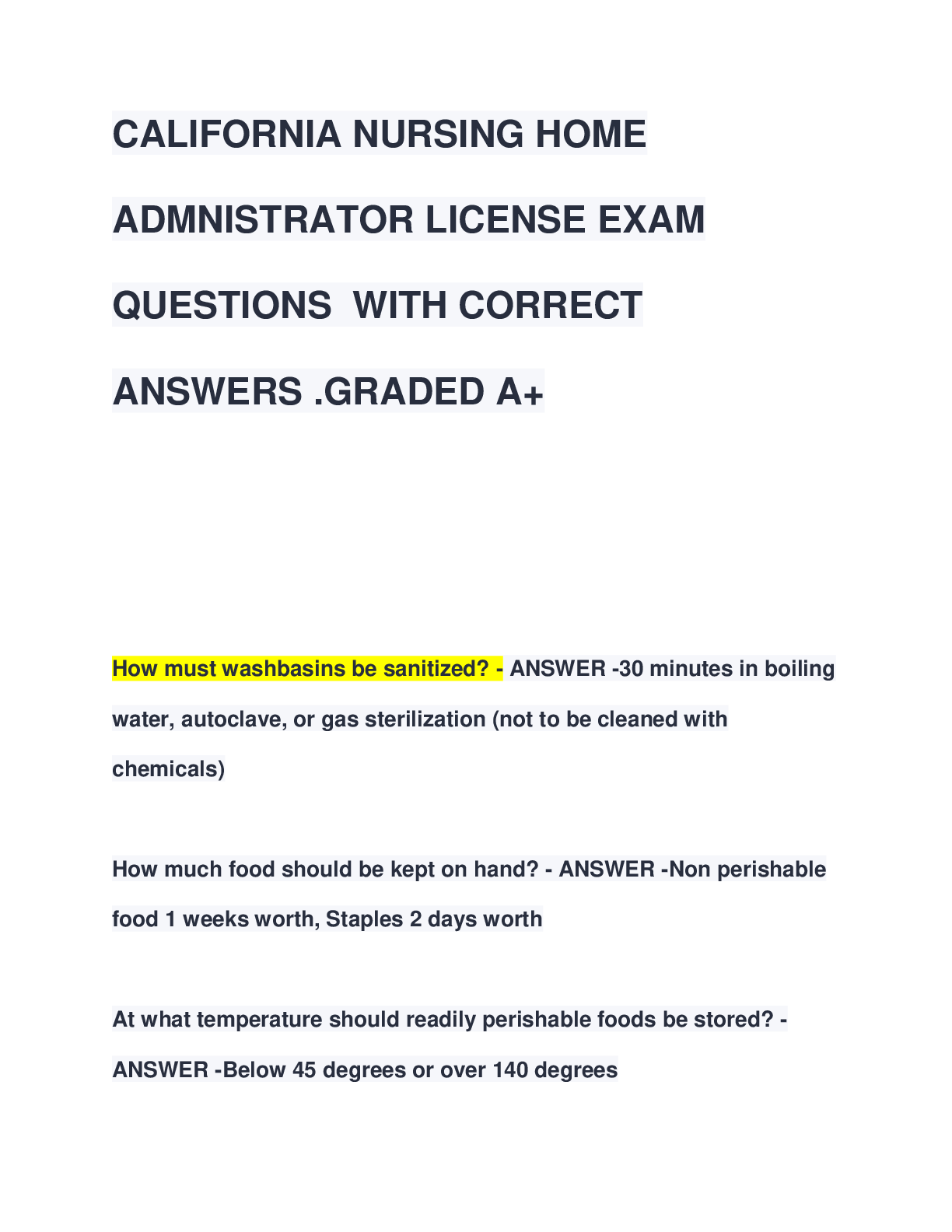 Preview image for CALIFORNIA NURSING HOME  ADMNISTRATOR LICENSE EXAM  QUESTIONS WITH CORRECT  ANSWERS .GRADED A+