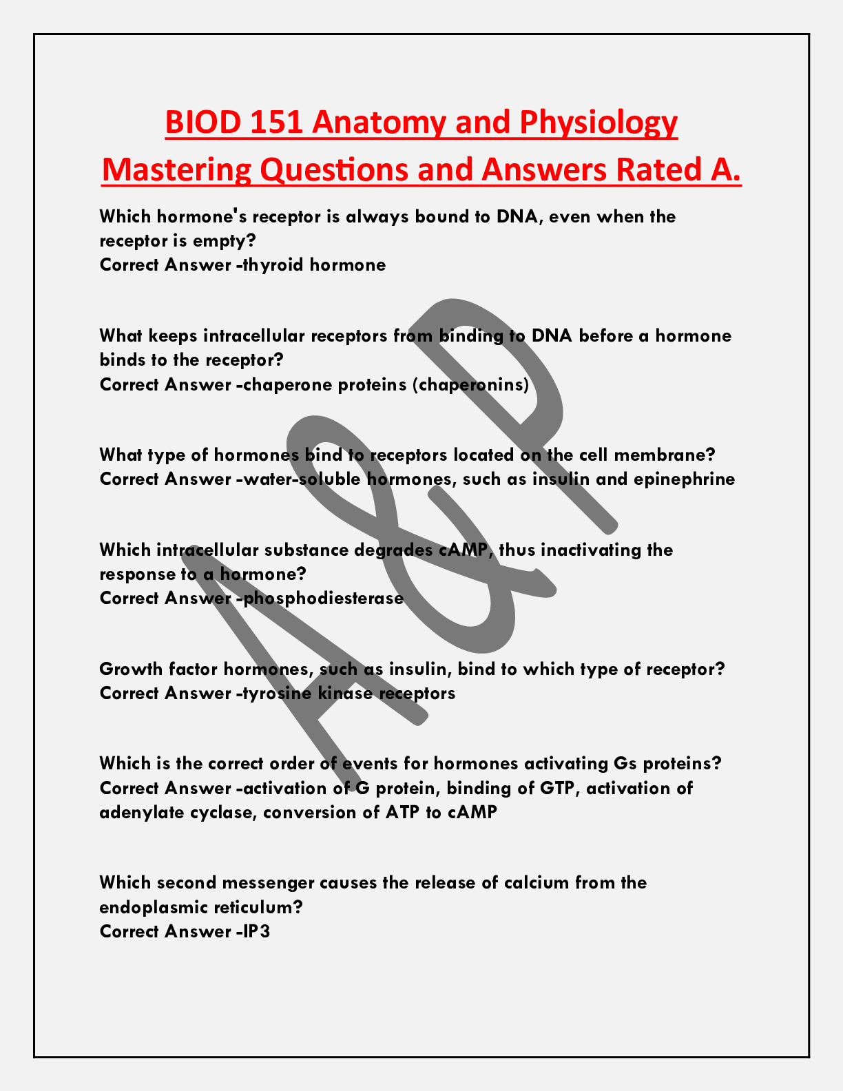 Preview of BIOD 151 Anatomy and Physiology  Mastering Questions and Answers Rated A.