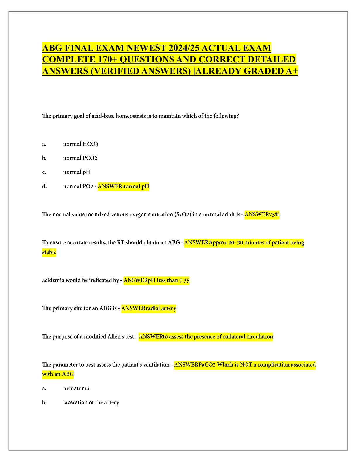 Recommended document preview for ABG FINAL EXAM NEWEST 2024/25 ACTUAL EXAM COMPLETE 170+ QUESTIONS AND CORRECT DETAILED ANSWERS (VERIFIED ANSWERS) |ALREADY GRADED A+