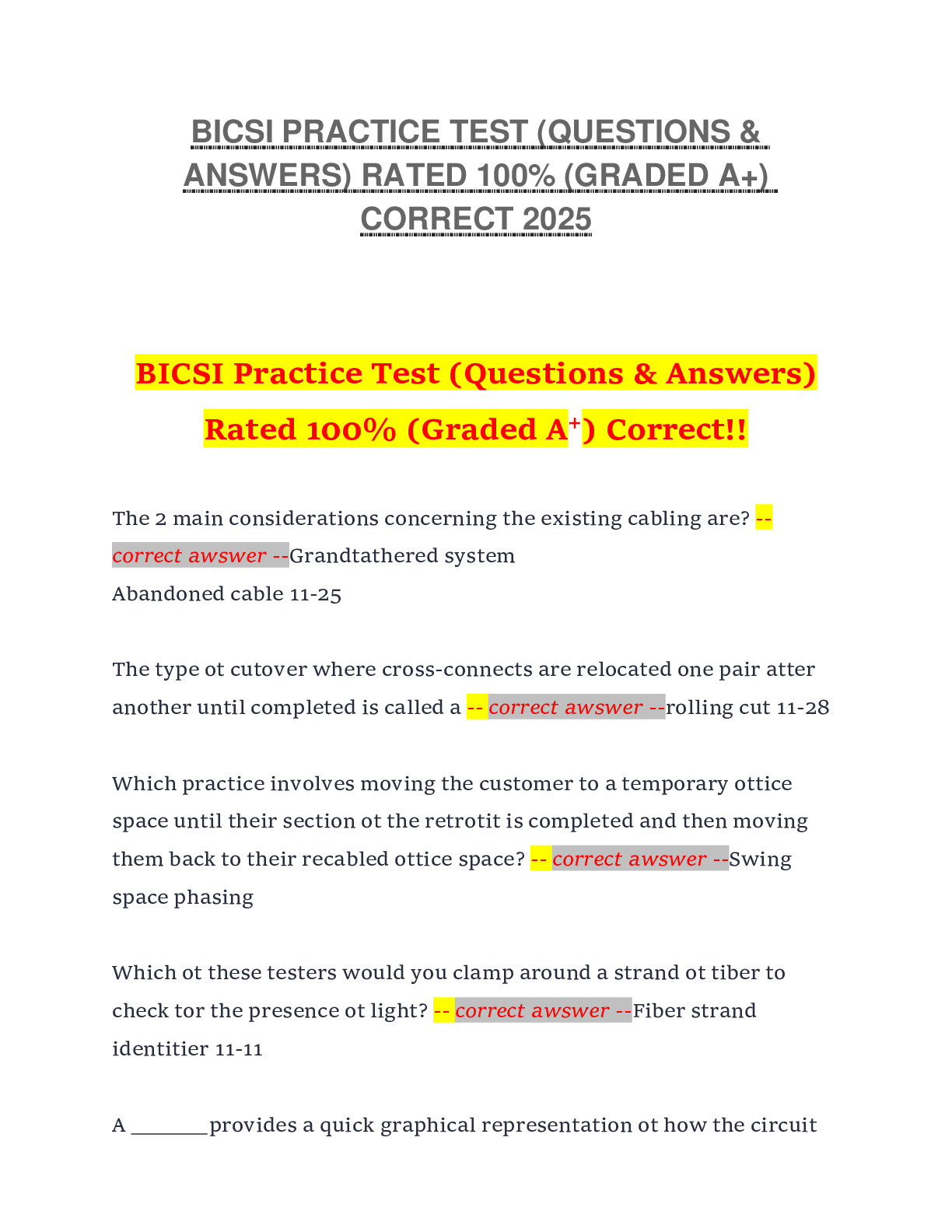 Preview image for BICSI PRACTICE TEST (QUESTIONS & ANSWERS) RATED 100% (GRADED A+) CORRECT 2025